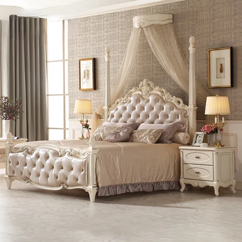 Кожаная двуспальная кровать во французском стиле, европейская свадебная кровать с резьбой в виде розы, главная спальня, большая кровать из массива дерева