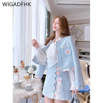 WIGADFHK 2022, Новый осенне-зимний женский Высококачественный Твидовый жакет в стиле Ретро с вышивкой и мини-юбка, модный костюм-двойка