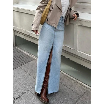 Модная джинсовая юбка Макси из промытого хлопка с высокой талией и застежкой-молнией, Уличная Женская летняя юбка, Повседневная прямая юбка