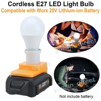 Светодиодный рабочий светильник, портативные лампы E27 для Worx 20 В, Беспроводная лампа с батарейным питанием, Дневной свет, белый, не затемняемый